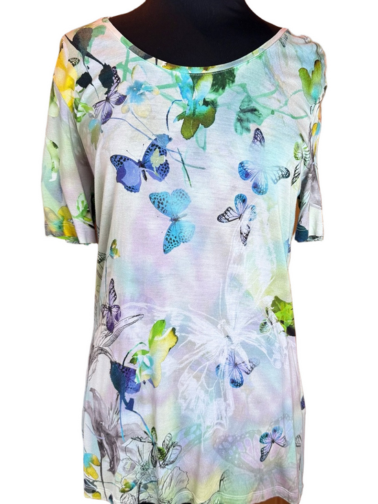 Tops - Women's Pastel Butterfly Short Sleeve Tee - White, Blue & Green
